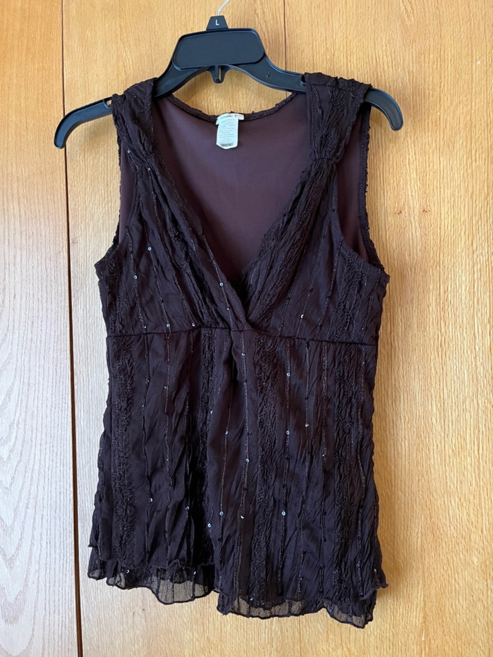 Maurices Studio Y brown lace sequin tank top MED flattering v neck sheer overlay